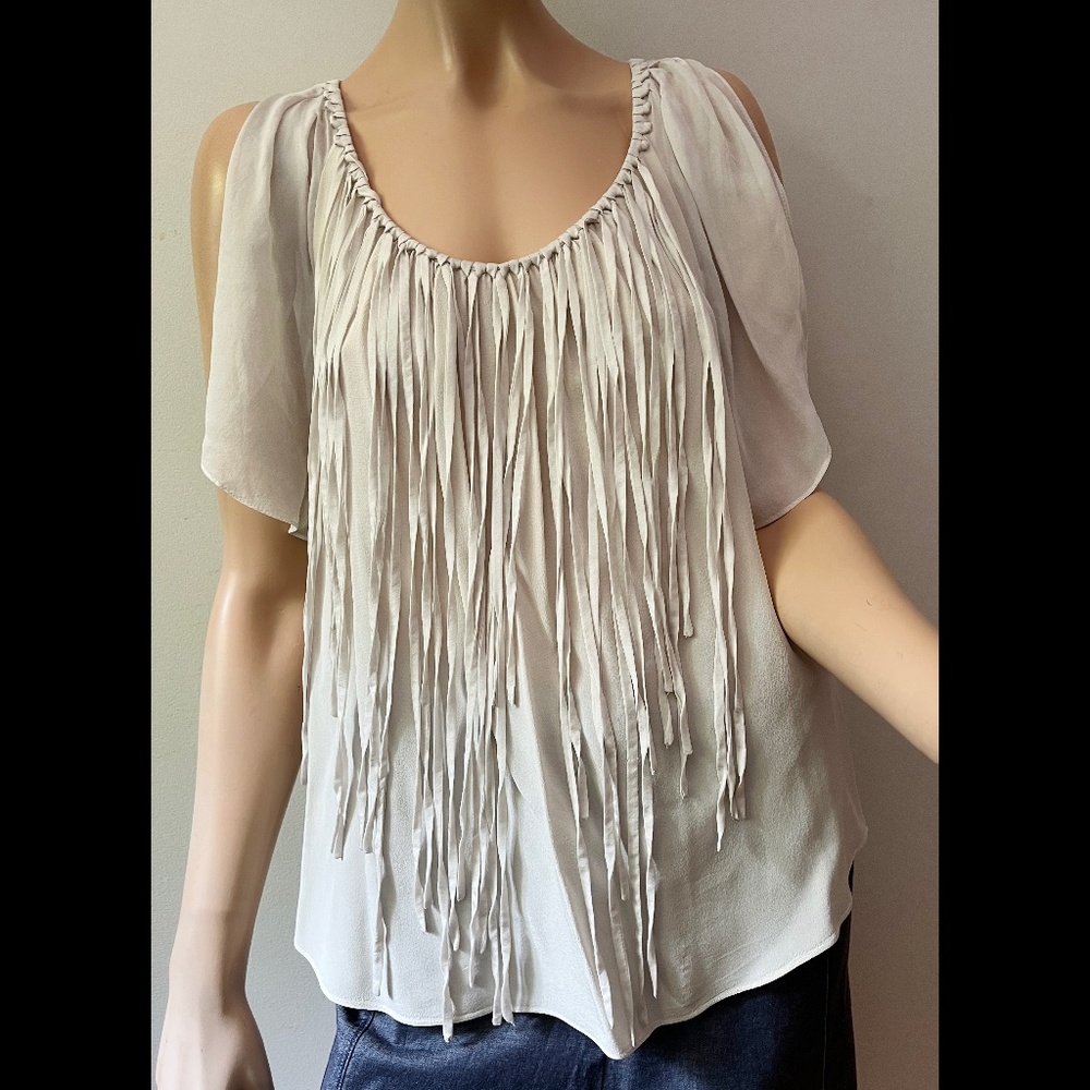 Rebecca Taylor cold shoulder silk fringe blouse 4